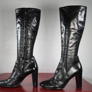 Women's Barney's New York Black Leather Knee High Heel Tall Round Toe Boots 6